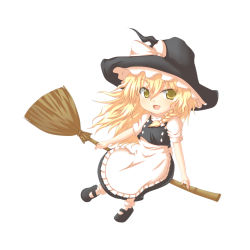 Rule 34 | 1girl, blonde hair, broom, chibi, female focus, full body, hat, highres, kirisame marisa, kuena, open mouth, simple background, skirt, solo, touhou, white background, witch, witch hat, yellow eyes