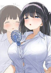 Rule 34 | 2girls, between breasts, black hair, blue eyes, blush, bra, bra peek, breasts, brown hair, buttons, closed eyes, collarbone, commentary, dress shirt, electric fan, hair between eyes, hot, kaisen chuui, large breasts, long hair, long sleeves, multiple girls, open collar, open mouth, original, school uniform, shirt, short hair, side ponytail, simple background, sweat, underwear, upper body, white background, white shirt