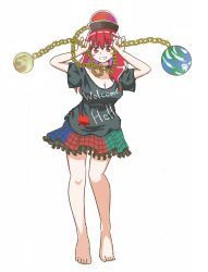 Rule 34 | 1girl, bare legs, barefoot, black shirt, breasts, cleavage, earth (ornament), full body, hecatia lapislazuli, highres, kitakitafox227, medium breasts, moon (ornament), off-shoulder shirt, off shoulder, plaid, plaid skirt, red eyes, red hair, shirt, simple background, skirt, solo, t-shirt, touhou, underworld (ornament), white background