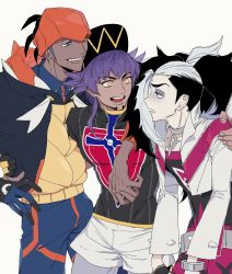 Rule 34 | 3boys, arm around shoulder, bad id, bad twitter id, baseball cap, belt, black hair, black hoodie, champion uniform, commentary request, creatures (company), cropped jacket, dark-skinned male, dark skin, earrings, eyeshadow, facial hair, game freak, gloves, green eyes, gym leader, hand on another&#039;s shoulder, hand on another&#039;s waist, hat, highres, hood, hoodie, htkym 1003, jacket, jewelry, leon (pokemon), long hair, looking at another, makeup, male focus, multicolored hair, multiple boys, nintendo, open mouth, orange headwear, partially fingerless gloves, piers (pokemon), pokemon, pokemon swsh, purple hair, raihan (pokemon), shirt, short shorts, shorts, single glove, smile, teeth, tongue, two-tone hair, white jacket, white shorts, yellow eyes
