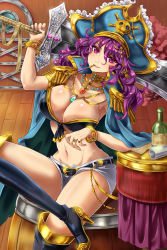 Rule 34 | 1girl, barrel, belt, boots, bottle, bracelet, breasts, choker, cleavage, crossed legs, epaulettes, frills, gem, hat, huge weapon, jewelry, kiseru, knee boots, large breasts, long hair, lots of jewelry, mouth hold, necklace, original, pipe in mouth, pirate hat, purple eyes, purple hair, ring, shinki kakusei melty maiden, shiny skin, short shorts, shorts, sitting, smoking pipe, solo, sword, tamashiro, weapon