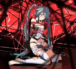 Rule 34 | 1girl, alternate hair color, aqua eyes, aqua nails, bare shoulders, barefoot, bdsm, blue nails, blush, bondage, bound, bow, bow panties, breasts, cable, cleavage, crying, detached sleeves, female focus, full body, groin, hatsune miku, highres, long hair, nail polish, no bra, panties, project diva (series), red background, shirt, skirt, small breasts, solo, tears, torn clothes, torn shirt, torn skirt, torn sleeves, tsukishiro saika, twintails, underwear, very long hair, vocaloid