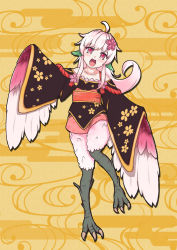 Rule 34 | 1girl, ahoge, animal ears, bare shoulders, bird ears, bird legs, blush, egasumi, feathered wings, feathers, flower, hair flower, hair ornament, harpy, highres, japanese clothes, kimono, long hair, monster girl, obi, open mouth, original, pink eyes, pink feathers, pink flower, pink hair, pink wings, sash, sidelocks, solo, standing, standing on one leg, stellacean, talons, white feathers, winged arms, wings, yellow background