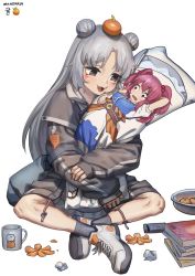 Rule 34 | 1girl, arm behind head, arm up, belt, blush, breasts, brown eyes, cheek squash, crossed ankles, d:, dakimakura (object), double bun, food, food on head, fruit, fruit on head, full body, grey hair, hair bobbles, hair bun, hair ornament, highres, indian style, jacket, long hair, looking at another, mandarin orange, medium breasts, object on head, onozuka komachi, open mouth, original, pillow, puffy short sleeves, puffy sleeves, rbfnrbf (mandarin), red eyes, red hair, sanpaku, scythe, short sleeves, simple background, sitting, sleeves past wrists, solo, touhou, two side up, very long hair, white background, wide-eyed
