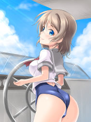 Rule 34 | 10s, 1girl, ass, bad anatomy, bad proportions, blue eyes, blue sky, blue one-piece swimsuit, blush, boat, breasts, brown hair, casual one-piece swimsuit, closed mouth, cloud, cowboy shot, day, from behind, light rays, looking at viewer, looking back, love live!, love live! sunshine!!, masakichi (crossroad), medium breasts, one-piece swimsuit, outdoors, school uniform, serafuku, shirt, short hair, short sleeves, sky, smile, solo, sparkle, standing, steering wheel, summer, sunlight, swimsuit, watanabe you, water, water drop, watercraft, white shirt