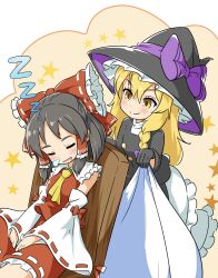 Rule 34 | 2girls, ascot, berazasu, black hair, black headwear, blanket, blonde hair, blush, bow, braid, breasts, buttons, chair, closed eyes, closed mouth, collared shirt, commentary request, cookie (touhou), cowboy shot, detached sleeves, flat chest, frilled bow, frilled hair tubes, frilled shirt collar, frilled skirt, frills, hair between eyes, hair bow, hair tubes, hakurei reimu, hat, hat bow, highres, holding, holding blanket, kirisame marisa, long hair, looking at another, medium bangs, medium breasts, multiple girls, nose bubble, open mouth, purple bow, red bow, red skirt, rei (cookie), ribbon-trimmed sleeves, ribbon trim, sananana (cookie), shirt, short bangs, short hair, sidelocks, single braid, skirt, skirt set, sleeping, sleeve bow, sleeveless, sleeveless shirt, smile, star (symbol), touhou, turtleneck, white shirt, white sleeves, wide sleeves, witch hat, yellow ascot, yellow eyes, zzz