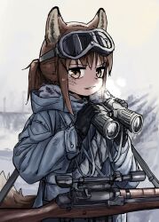 Rule 34 | absurdres, binoculars, brown eyes, brown hair, fox girl (yihan1949), goggles, goggles on head, gun, highres, holding, holding binoculars, jacket, looking at viewer, original, ponytail, rifle, scope, sniper rifle, snow, steam, steam from mouth, weapon, winter, winter clothes, yihan1949