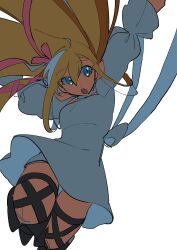 Rule 34 | 1girl, blonde hair, blue eyes, boots, commentary request, dress, final fantasy, final fantasy xiv, hair ribbon, highres, long hair, long sleeves, midair, nichi (hibi suimin), outstretched arms, pink ribbon, ribbon, ryne waters, simple background, solo, thigh boots, white background, white dress