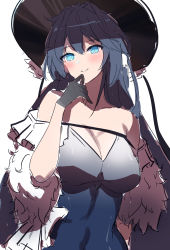 Rule 34 | 1girl, absurdres, arknights, astesia (arknights), black gloves, black hat, blue dress, blue eyes, blue hair, blush, breasts, cleavage, collarbone, covered navel, ddddecade, dress, feather boa, gloves, hair between eyes, hair intakes, hand on own chin, hand up, hat, highres, large breasts, long hair, looking at viewer, simple background, sketch, smile, solo, strapless, strapless dress, upper body, white background