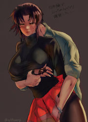 Rule 34 | 1boy, 1girl, alternate costume, black lagoon, blush, breasts, brown eyes, brown hair, casual, commentary request, fingerless gloves, gloves, grabbing, grabbing from behind, hand under clothes, hand under skirt, head out of frame, hetero, highres, holding another&#039;s wrist, large breasts, long hair, okajima rokuro, pantyhose, pleated skirt, red skirt, revy (black lagoon), skirt, sweatdrop, sweater, taut clothes, translation request, turtleneck, turtleneck sweater, watch, wristwatch, youken