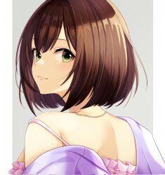 Rule 34 | 1girl, blush, brown hair, camisole, check commentary, commentary request, corrupted twitter file, green eyes, grey background, highres, idolmaster, idolmaster cinderella girls, light smile, looking at viewer, looking back, maekawa miku, median furrow, pink camisole, popon ta, short hair, simple background, solo, strap slip, two-tone background, upper body