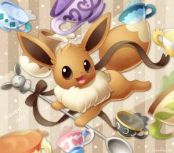 Rule 34 | :d, brown eyes, brown ribbon, character name, commentary request, creatures (company), cup, eevee, full body, game freak, gen 1 pokemon, highres, holding, holding spoon, liquid, looking to the side, nintendo, no humans, open mouth, pokemon, pokemon (creature), ribbon, sasabunecafe, smile, solo, spoon, teacup, tongue