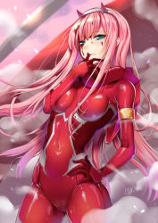 Rule 34 | 10s, 1girl, 2018, arched back, armlet, blood, blood on clothes, blood on face, bodysuit, breast press, breasts, closed mouth, covered navel, cowboy shot, darling in the franxx, fake horns, green eyes, hairband, hand on own hip, highres, horns, legs apart, licking, licking finger, light beam, lips, long hair, looking at viewer, medium breasts, pink hair, seductive smile, shibi, shiny clothes, signature, skin tight, smile, smoke, solo, standing, straight hair, tongue, tongue out, tsurime, very long hair, white hairband, zero two (darling in the franxx)
