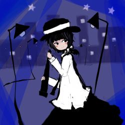 Rule 34 | 1girl, bad id, bad pixiv id, black hair, bow, building, city, cityscape, dress shirt, hat, highres, lamppost, long skirt, long sleeves, looking back, necktie, night, road, shirt, side ponytail, skirt, smile, solo, star (symbol), street, telescope, timesoe, touhou, usami renko, white bow, white theme