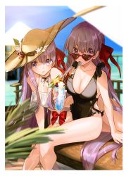 Rule 34 | 2girls, arm support, backless swimsuit, bb (fate), bb (fate/extra), bikini, black one-piece swimsuit, black ribbon, blurry, blurry background, breasts, casual one-piece swimsuit, cleavage, collarbone, covered navel, detached sleeves, fate/extra, fate/extra ccc, fate (series), flower, frilled swimsuit, frills, hair between eyes, hair ribbon, hat, hat flower, hat ribbon, highres, hino hinako, large breasts, long hair, matou sakura, multiple girls, neck ribbon, one-piece swimsuit, purple eyes, purple hair, red ribbon, ribbon, sideboob, sitting, sun hat, swimsuit, utensil in mouth, very long hair, white bikini, white flower, white sleeves, yellow headwear