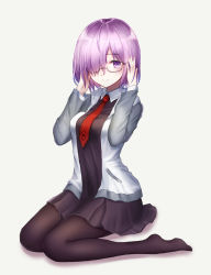 Rule 34 | 1girl, bad id, bad pixiv id, black pantyhose, black skirt, blush, breasts, closed mouth, fate/grand order, fate (series), full body, glasses, hair over one eye, highres, looking at viewer, mash kyrielight, medium breasts, necktie, pantyhose, purple eyes, purple hair, red necktie, seungju lee, short hair, sitting, skirt, smile, solo, wariza