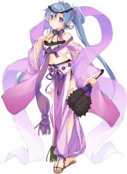 Rule 34 | 1girl, :o, aquaplus, blue hair, breasts, bright pupils, cleavage, clenched hand, dancer, dungeon travelers 2, full body, highres, holding, ist, kokonoka, long hair, midriff, official art, purple eyes, sandals, solo, transparent background