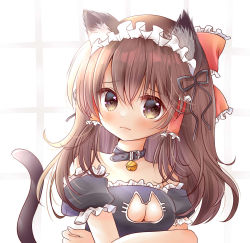Rule 34 | 1girl, alternate costume, animal ear fluff, animal ears, backlighting, bell, bloom, blush, breasts, brown eyes, brown hair, cat cutout, cat ears, cat lingerie, cat tail, cleavage cutout, clothing cutout, collar, commentary request, enmaided, frills, hair between eyes, hakurei reimu, indoors, jingle bell, kemonomimi mode, light frown, long hair, looking at viewer, maid, maid headdress, meme attire, overexposure, puffy short sleeves, puffy sleeves, short sleeves, solo, tail, touhou, upper body, window, yuzuki (manabi0214)