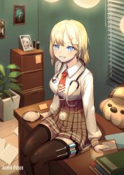 Rule 34 | 1girl, absurdres, black legwear, blonde hair, blue eyes, character name, desk, detective, full body, gawr gura, hair ornament, haowei wu, highres, hololive, hololive english, long sleeves, looking at viewer, magnifying glass, medium hair, on desk, plaid, plaid skirt, plant, pocket watch, red neckwear, shirt, sitting, on desk, skirt, smile, solo, stethoscope, syringe holster, teeth, virtual youtuber, watch, watson amelia, white shirt, window blinds