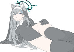 Rule 34 | 1girl, animal ears, blue archive, blue eyes, breasts, covered navel, grey hair, habit, halo, hand on floor, hand on own thigh, justina follower (blue archive), large breasts, leotard, long hair, lying, masabodo, midriff, no pants, nun, on side, shiroko (blue archive), shiroko terror (blue archive), simple background, stomach, thick thighs, thighhighs, thighs, white background, wolf ears, wolf girl