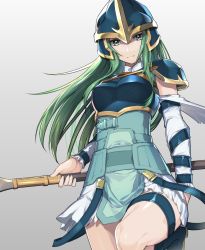 Rule 34 | 1girl, armor, belt, blue armor, blue eyes, breastplate, detached sleeves, fire emblem, fire emblem: path of radiance, gloves, green eyes, green hair, helmet, long hair, looking at viewer, nephenee, nintendo, polearm, skirt, solo, spear, tdob mk2, thighhighs, weapon, white background