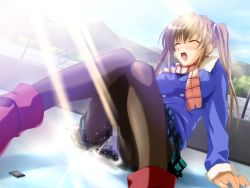 Rule 34 | 1girl, blue coat, blush, boots, breasts, brown hair, brown pantyhose, censored, closed eyes, coat, copyright request, green skirt, ice, light rays, long sleeves, medium breasts, mosaic censoring, open mouth, outdoors, panties, pantyhose, pantyshot, peeing, peeing self, plaid, plaid skirt, red footwear, scarf, sis x miko, sitting, skirt, snow, solo, source request, striped clothes, striped scarf, sunbeam, sunlight, tagme, twintails, underwear, winter, yukirin