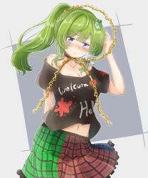 Rule 34 | 1girl, absurdres, alternate hairstyle, bare shoulders, black choker, black shirt, blue eyes, blue skirt, blush, breasts, chain, choker, cleavage, clothes writing, collarbone, commentary request, cosplay, cowboy shot, frog hair ornament, green hair, green skirt, grey background, gumi (fwjn7284), hair ornament, hair tubes, hand up, head tilt, hecatia lapislazuli, hecatia lapislazuli (cosplay), highres, kochiya sanae, long hair, looking at viewer, medium breasts, miniskirt, multicolored clothes, multicolored skirt, navel, off-shoulder shirt, off shoulder, plaid, plaid skirt, ponytail, red skirt, shirt, short sleeves, sidelocks, skirt, snake hair ornament, solo, t-shirt, touhou, v-shaped eyebrows