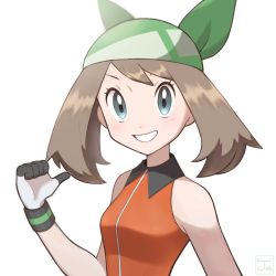 Rule 34 | 1girl, bandana, bare arms, blurry, blush, breasts, brown hair, collared dress, commentary request, creatures (company), dress, eyelashes, game freak, gloves, green bandana, grey eyes, grin, jeri20, looking at viewer, may (pokemon), medium hair, nintendo, orange dress, pokemon, pokemon emerald, pokemon rse, simple background, sleeveless, smile, solo, teeth, upper body, white background, white gloves