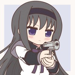 1girl akemi_homura akemi_homura_(magical_girl) black_hair black_hairband blush closed_mouth film_grain finger_on_trigger gun hairband handgun holding holding_gun holding_weapon long_hair long_sleeves mahou_shoujo_madoka_magica mahou_shoujo_madoka_magica_(anime) purple_eyes simple_background solo upper_body weapon yuno385