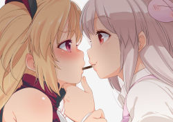 Rule 34 | &gt; &lt;, 2girls, akatsuki uni, blonde hair, blush, collared shirt, crossover, eye contact, fingernails, food, food in mouth, fujisaki hikari, grabbing another&#039;s chin, grey background, grey hair, hair between eyes, hair ornament, hand on another&#039;s chin, highres, long hair, looking at another, multiple girls, natori sana, nose blush, pocky, pocky day, pocky kiss, profile, rabbit hair ornament, red eyes, sana channel, shared food, shirt, simple background, sweat, two side up, uni create, virtual youtuber, white shirt, yuri, zipper pull tab