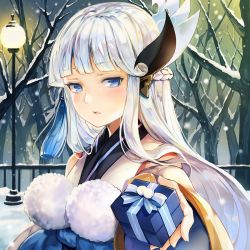 Rule 34 | 1girl, bare tree, blue eyes, blue hair, blunt bangs, blush, box, copyright request, day, fence, forest, gift, giving, japanese clothes, kimono, lamppost, long hair, long sleeves, looking at viewer, nature, onmyoji, outdoors, parted lips, sash, sibyl, snow, snowing, solo, tassel, tree, valentine, wide sleeves