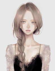 Rule 34 | 1girl, artist name, black dress, blue eyes, braid, commentary request, dress, earrings, eyelashes, forehead, grey background, highres, jewelry, lace, light brown hair, lips, original, parted bangs, piercing, sanpaku, side braid, simple background, solo, takenaka, uninterested, watermark, web address