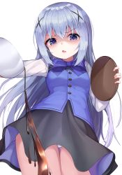 Rule 34 | 1girl, angry, bdsm, breasts, coffee, cup, disgust, femdom, from below, glaring, gluteal fold, gochuumon wa usagi desu ka?, hair between eyes, hair ornament, highres, holding, holding tray, kafuu chino, long hair, long sleeves, looking at viewer, mannack, nose, open mouth, panties, pantyshot, pouring, purple hair, ribbon, sadism, shaded face, silver hair, skirt, small breasts, solo, thigh gap, tray, underwear, white background, white panties, x hair ornament