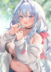 Rule 34 | belly, black shirt, blouse, blue eyes, breasts, demon girl, elf, hair intakes, highres, jewelry, large breasts, long hair, long sleeves, navel, neck ring, open clothes, original, plump, pointy ears, ribbon, shirt, silver hair, smile, solo, very long hair, zhaofeng yinyue