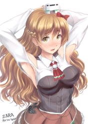 Rule 34 | 10s, 1girl, anchor, armpits, arms up, ascot, bare shoulders, blonde hair, blush, braid, breasts, brown eyes, character name, commentary request, detached sleeves, french braid, hat, ichikawa feesu, kantai collection, large breasts, long hair, long sleeves, looking at viewer, mini hat, miniskirt, skirt, solo, twitter username, upper body, wavy hair, zara (kancolle)