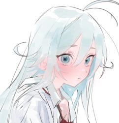 Rule 34 | 1girl, :|, antenna hair, blue eyes, blue hair, closed mouth, collared shirt, denpa onna to seishun otoko, expressionless, eyebrows, from side, hair between eyes, light blue hair, long hair, looking at viewer, lowres, neck ribbon, off shoulder, portrait, red ribbon, ribbon, shirt, simple background, solo, touwa erio, uomi (eqtjc), white background, white shirt, wing collar