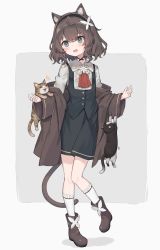 Rule 34 | 1girl, :d, ^ ^, absurdres, ahoge, animal, animal ear fluff, animal ears, ankle boots, black hairband, black skirt, black vest, blush, boots, brown coat, brown footwear, brown hair, cat, cat ears, closed eyes, coat, commentary request, cowboy shot, furrowed brow, hairband, hanging, highres, medium hair, off shoulder, open mouth, satou (3366 s), shirt, skirt, skirt set, smile, socks, solo, standing, standing on one leg, sweatdrop, vest, white shirt, white socks