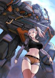 Rule 34 | 1girl, absurdres, belt, black belt, black shirt, breasts, brown shorts, bustier, cannon, cropped jacket, fang, final gear, from below, gradient hair, grey jacket, hair between eyes, highres, jacket, jewelry, large breasts, long hair, long sleeves, looking at another, mecha, midriff, multicolored hair, navel, necklace, open clothes, open jacket, open mouth, parted bangs, pink hair, pink thighhighs, procreate (medium), robot, rowkiba, shirt, short shorts, shorts, side ponytail, silver hair, smile, solo, solveig (final gear), stomach, thighhighs, thighs, weapon