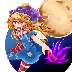 Rule 34 | 1girl, american flag dress, american flag legwear, bare arms, blonde hair, clownpiece, fairy wings, fire, hat, highres, holding, jester cap, long hair, looking at viewer, moon, neck ruff, open mouth, pantyhose, polka dot, purple hat, sharp teeth, short sleeves, smile, solo, striped clothes, striped pantyhose, teeth, torch, touhou, wings, yasui nori