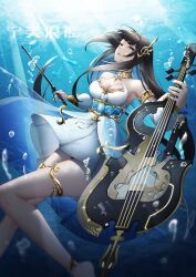Rule 34 | 1girl, armlet, black hair, blue eyes, bow (music), breasts, cleavage, detached sleeves, dress, edge edge, fortissimo, hair ornament, holding, holding bow (music), holding instrument, holding violin, instrument, long hair, medium breasts, musical note, musical note hair ornament, punishing: gray raven, selena (punishing: gray raven), thighlet, underwater, violin, white dress