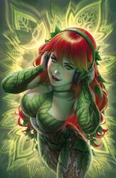 Rule 34 | 1girl, breasts, cleavage, colored skin, dc comics, green eyes, green skin, headphones, leaf, long hair, looking at viewer, medium breasts, paisley, poison ivy, red hair, simple background, solo, warren louw