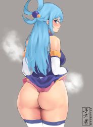 1girl aqua_(konosuba) artist_name ass bare_shoulders blue_eyes blue_hair blue_skirt blush clothes_lift detached_sleeves from_behind huge_ass kono_subarashii_sekai_ni_shukufuku_wo! lifting_own_clothes long_hair looking_at_viewer looking_back no_panties skirt skirt_lift solo steam thick_thighs thighhighs thighs yotamono