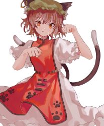 Rule 34 | 1girl, absurdres, animal ears, brown hair, cat ears, cat tail, chen, closed mouth, dress, earrings, green hat, hair between eyes, hands up, hat, highres, jewelry, looking at viewer, merukoodo, mob cap, multiple tails, orange eyes, red vest, short hair, short sleeves, simple background, single earring, smile, solo, standing, tabard, tail, touhou, two tails, vest, white background, white dress, wide sleeves