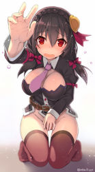Rule 34 | 1girl, belt, black hair, blush, bottomless, braid, breasts, cleavage, cleavage cutout, clothing cutout, commentary request, covering privates, covering crotch, embarrassed, hair between eyes, hair ornament, hair ribbon, highres, kneeling, kono subarashii sekai ni shukufuku wo!, large breasts, long hair, long sleeves, looking at viewer, necktie, no panties, no shoes, open mouth, osa (osaosa), outstretched arm, outstretched hand, puffy sleeves, reaching, reaching towards viewer, red eyes, red ribbon, red thighhighs, ribbon, simple background, solo, sweat, tears, thighhighs, yunyun (konosuba)