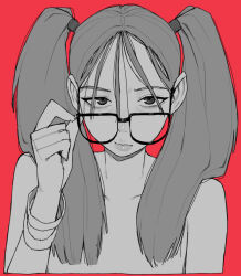 Rule 34 | 1girl, arm scrunchie, glasses, hair between eyes, long hair, looking at viewer, ohasi, original, pink background, simple background, solo, topless, twintails