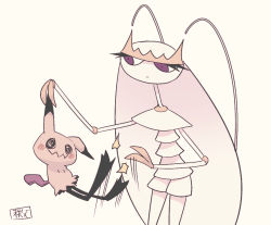 Rule 34 | 1girl, animal ears, antennae, arm up, beige background, black eyes, blush, chichibu (watson), creatures (company), female focus, full body, game freak, gen 7 pokemon, hand up, hands up, looking to the side, mimikyu, nintendo, no humans, pheromosa, pokemon, pokemon (creature), pokemon sm, purple eyes, simple background, size difference, standing, tail, ultra beast, wavy mouth