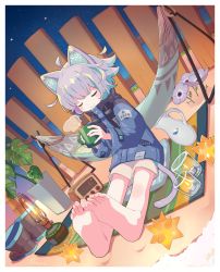 Rule 34 | absurdres, animal ears, bare legs, barefoot, candle, closed mouth, cup, closed eyes, fence, flower, hammock, hands up, highres, holding, holding cup, jacket, lamp, long sleeves, original, plant, purple hair, radio, shoes, unworn shoes, short hair, shorts, sitting, sky, soles, sorata123, star (sky), tail, toes