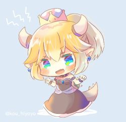 Rule 34 | 1girl, :d, armlet, bare shoulders, black dress, blonde hair, blue background, blue eyes, blush, bowsette, bracelet, breasts, chibi, collar, crown, dress, fang, full body, green eyes, hands up, high ponytail, horns, jewelry, kou hiyoyo, lowres, mario (series), medium breasts, mini crown, multicolored eyes, new super mario bros. u deluxe, nintendo, open mouth, ponytail, smile, solo, spiked armlet, spiked bracelet, spiked collar, spiked tail, spikes, standing, strapless, strapless dress, super crown, tail, twitter username