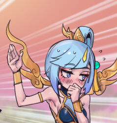Rule 34 | 1girl, arm up, bare shoulders, blue eyes, blush, breasts, covering own mouth, flying sweatdrops, hair rings, hand over own mouth, hand up, league of legends, lowres, lunar empress lux, lux (league of legends), medium breasts, multicolored background, official alternate costume, phantom ix row, shiny skin, short hair, solo, sweat