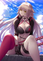 Rule 34 | 1girl, absurdres, ahoge, bikini, black bikini, black choker, black gloves, black jacket, breasts, choker, cleavage, cloud, cloudy sky, commentary request, cropped jacket, day, fate/grand order, fate (series), fujifuji924, gloves, highres, jacket, jeanne d&#039;arc alter (swimsuit berserker) (fate), jeanne d&#039;arc (fate), jeanne d&#039;arc alter (fate), jeanne d&#039;arc alter (swimsuit berserker) (fate), katana, large breasts, long hair, o-ring, o-ring bikini, o-ring bottom, o-ring top, ocean, red thighhighs, shrug (clothing), single thighhigh, sitting, sky, sweat, swimsuit, sword, thigh strap, thighhighs, very long hair, weapon, white hair, yellow eyes